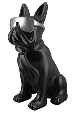 Poly Mops "Cool Dog" mit Brille, sitzend, Höhe 35cm, Schwarz / silberfarben, von