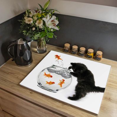 banjado® Herdabdeckung aus gehärtetem Glas einteilig Motiv Katze Und Fisch