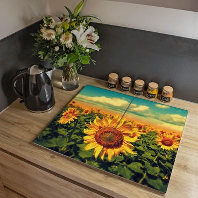 banjado® Herdabdeckung aus gehärtetem Glas zweiteilig Motiv Sonnenblumen