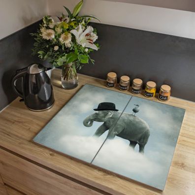 banjado® Herdabdeckung aus gehärtetem Glas zweiteilig Motiv Elefant und Möwe
