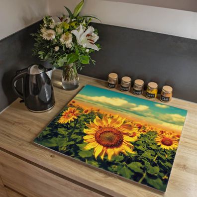banjado® Herdabdeckung aus gehärtetem Glas einteilig Motiv Sonnenblumen