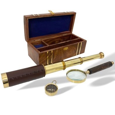 Seefahrer Geschenkset Fernrohr Lupe Kompass Box Nautik Maritim Set Antik-Stil