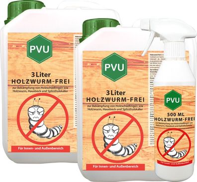 PVU 2x3L + 500ml Anti Holzwurmspray Mittel Schutz gegen Holzwürmer Hausbock EX