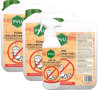 PVU 3x3L + 500ml Anti Holzwurmfrei Spray Tod Mittel Schutz gegen Holzwürmer Hausbock
