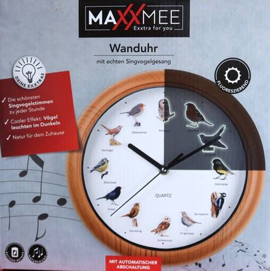 Wanduhr Maxxmee Analog Vogelstimmen &Oslash; 25 Rund Vogeluhr Holzoptik Küchenuhr NEU