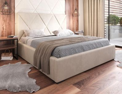 Bett Beige Doppelbett Stil Elegantes Bett Polster Stoff Schlafzimmer Modern Neu