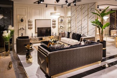 Luxus Sofagarnitur Gold Schwarz Couch Set Polster Möbel Textil 331 Sitzer