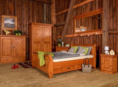 Bauern Schlafzimmer Bett Holz 180x200 Betten Braun Doppelbett Möbel Polster Neu