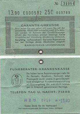 1973 Garantie Urkunde Nr. 31084 Radio-Haus Lehmensiek