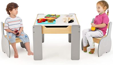 3tlg. Kindersitzgruppe aus Holz, 4-in-1-Kindertisch, Kindermöbel-Set mit Stauraum