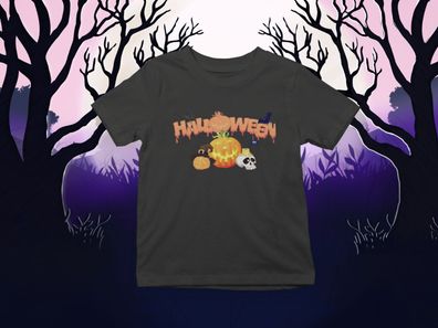 Kinder Bio Baumwolle Unisex T-Shirt Happy Halloween Kürbis Katze Monster