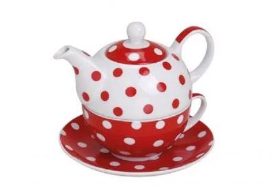 Teekannen-Set mit Tassen und Teller Porzellan Teatime rot weiß gepunktet 3 tlg