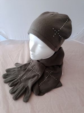 Kuscheliges Winterset aus Microfleece Set Mütze Schal Handschuh mit Steinen khaki