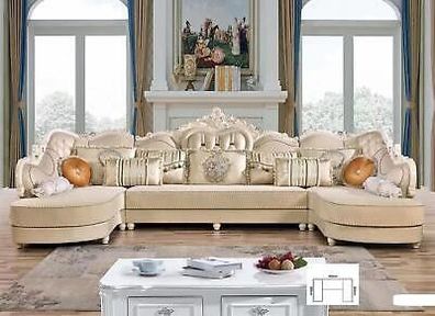 Klassische Couch U-Form Ecksofa Polster Couch Holz Textil Wohnlandschaft Beige