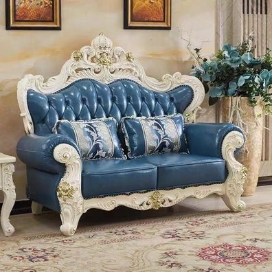 Klassische Chesterfield Couch Zweisitzer Möbel Sofa Leder Couchen Blau