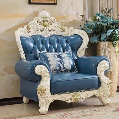 Sessel Barock Rokoko Chesterfield Leder Einsitzer Sofa Couch Blau Möbel