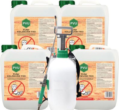 PVU 4x5L + Sprüher Anti Holzwurm Tod Spray Mittel Abwehr Schutz Insekten Bekämpfen