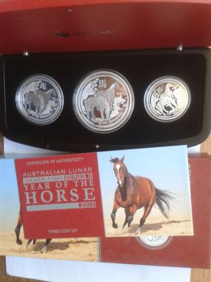 Original 1/2,1,2$ Dollars 3er PP 2014 Australien Lunar Pferd 3,5 Unzen Silber Set