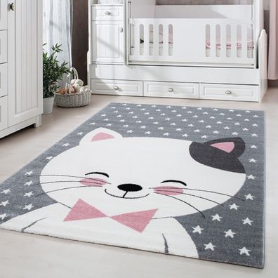 Kinderteppich Kinderzimmer Babyzimmer Niedlicher Katze Grau Pink Weis Oeko Tex