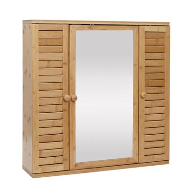 Spiegelschrank HWC-B18, Badspiegelschrank Hängeschrank, 3 Regalböden 3 Türen Bambus