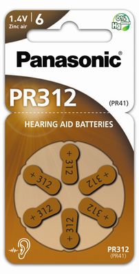 Panasonic PR 312 - Zink-Luft Hörgeräte Knopfzelle - 6er Pack