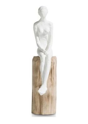 Aashi Figur H 39cm auf Holzstamm Skulptur weiß Dekofigur Holzfigur