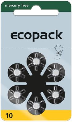 Ecopack 10 - Zink-Luft Hörgeräte Knopfzelle - 6er Pack