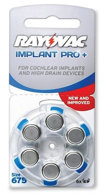 Rayovac Implant Pro + 675 - Zink-Luft Hörgeräte Knopfzelle - 6er Pack