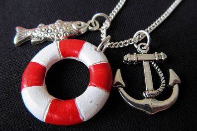 3er Set Maritim Kette Halskette Miniblings 80cm Anker Rettungsring Fisch rot