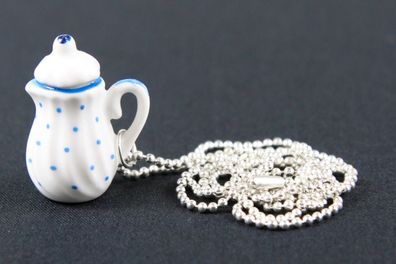 Miniblings Kaffeekanne Teekanne Porzellan Halskette 80cm Tee Kanne Pünktchen blau