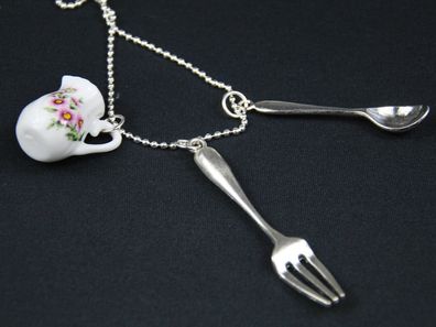 3er Set Geschirr Kette Halskette Miniblings 80cm Küche Teekanne Gabel Löffel