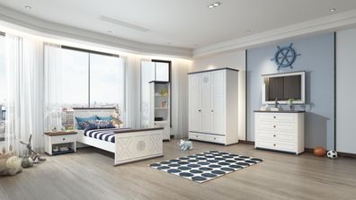 Jugendzimmer Komplett Einzelbett Kleiderschrank Kommode mit Spiegel Design 6tlg