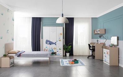 Modernes Jugendzimmer Set Bett Nachttisch Tisch Schlafzimmer Wandregal 6tlg. Neu