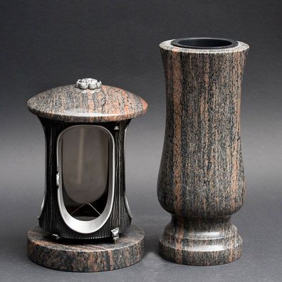 Granit Grabschmuck Set Grabvase Vase + Grablicht Grablampe Granit Gneis