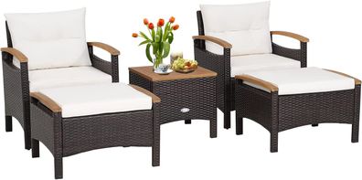 5tlg. Rattan Möbelset 2 Gartensessel mit Fußstütze & Beistelltisch Akazienholzplatte