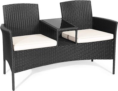 Polyrattan Gartenbank, 2-Sitzer Gartenmöbel Set mit Tisch & Kissen, 138 x 61 x 85 cm