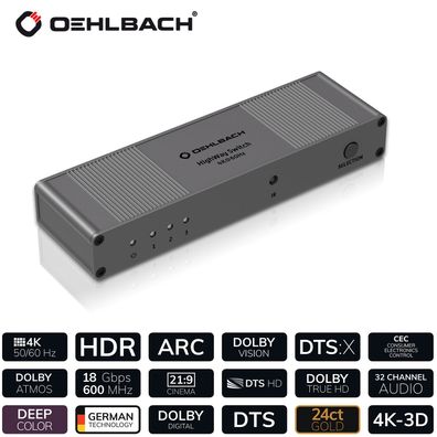 Oehlbach HighWay Switch HDMI Verteiler 3in1 HDR 4K 1080p 2160p UHD 4K 60Hz 24 kt