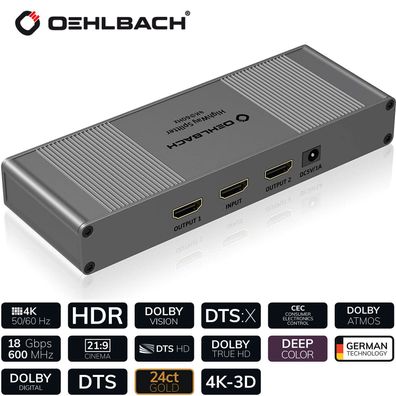 Oehlbach HDMI Verteiler 1:2 Splitter Verteiler Metallgehäuse 4K 2160p 4K 60Hz