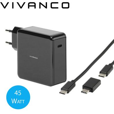 Vivanco Universal 45 Watt USB Type-C Ladegerät + Type-C Adapter, bis 20V 3A 1,5m