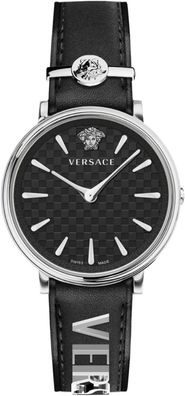 Versace VE8104122 V-Circle Lady silber schwarz Leder Armband Uhr Damen NEU