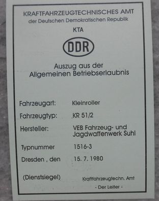 Simson , ABE, DDR, Kleinroller Schwalbe KR51/2 mit Stempel