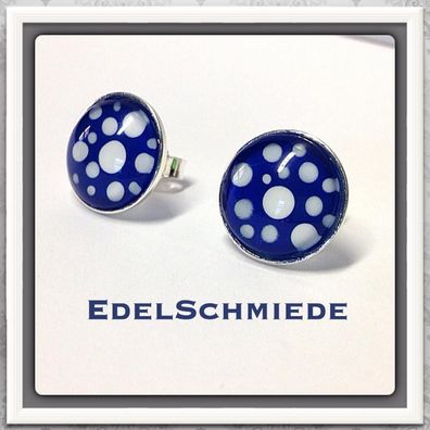 Edelschmiede925 Ohrstecker 925/ - Glas weiße Punkte auf Blau