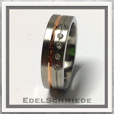 Edelschmiede925 Damenring Edelstahl + 585 Goldeinlage u Brillanten Ringgröße 53