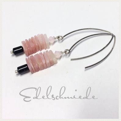 Edelschmiede925 Ohrhänger in 925 Silber mit Pink Opal + Onyx