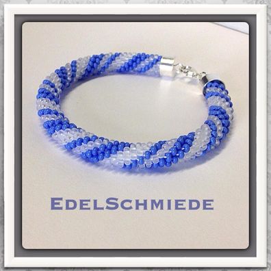 Edelschmiede925 Häkelarmband weiß blau mit 925/ - Verschluß