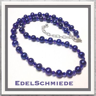 Edelschmiede925 Perlenkette in royalblau mit Glaskristallen 925