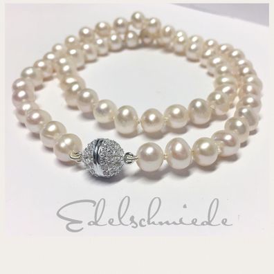 Edelschmiede925 weiße Perlenkette mit Magnetverschluß 925 Silber rhod. + Zirkonia ...