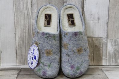 Manitu Damen Fußbett-Pantoffel hellgrau mit zarten Blumen