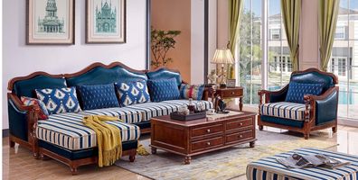 Blaue Ecksofa Couch mit Sessel Kolonial Sofa Couchen Holz Möbel Antik Stil Sofas