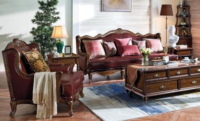 Klassische Ledergarnitur Chesterfield Barock Rokoko Möbel Couch Sofagarnitur 3 + 1